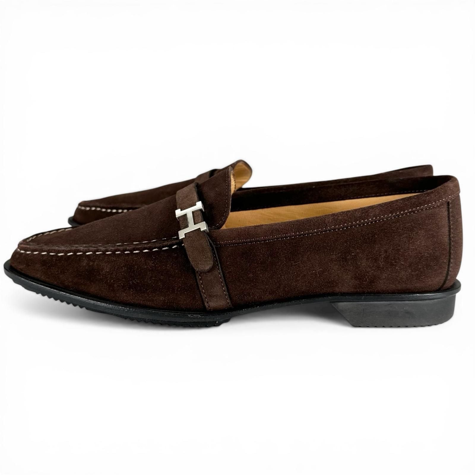 Hermes Silver Logo Swe Leather Loafers Brown — view 3