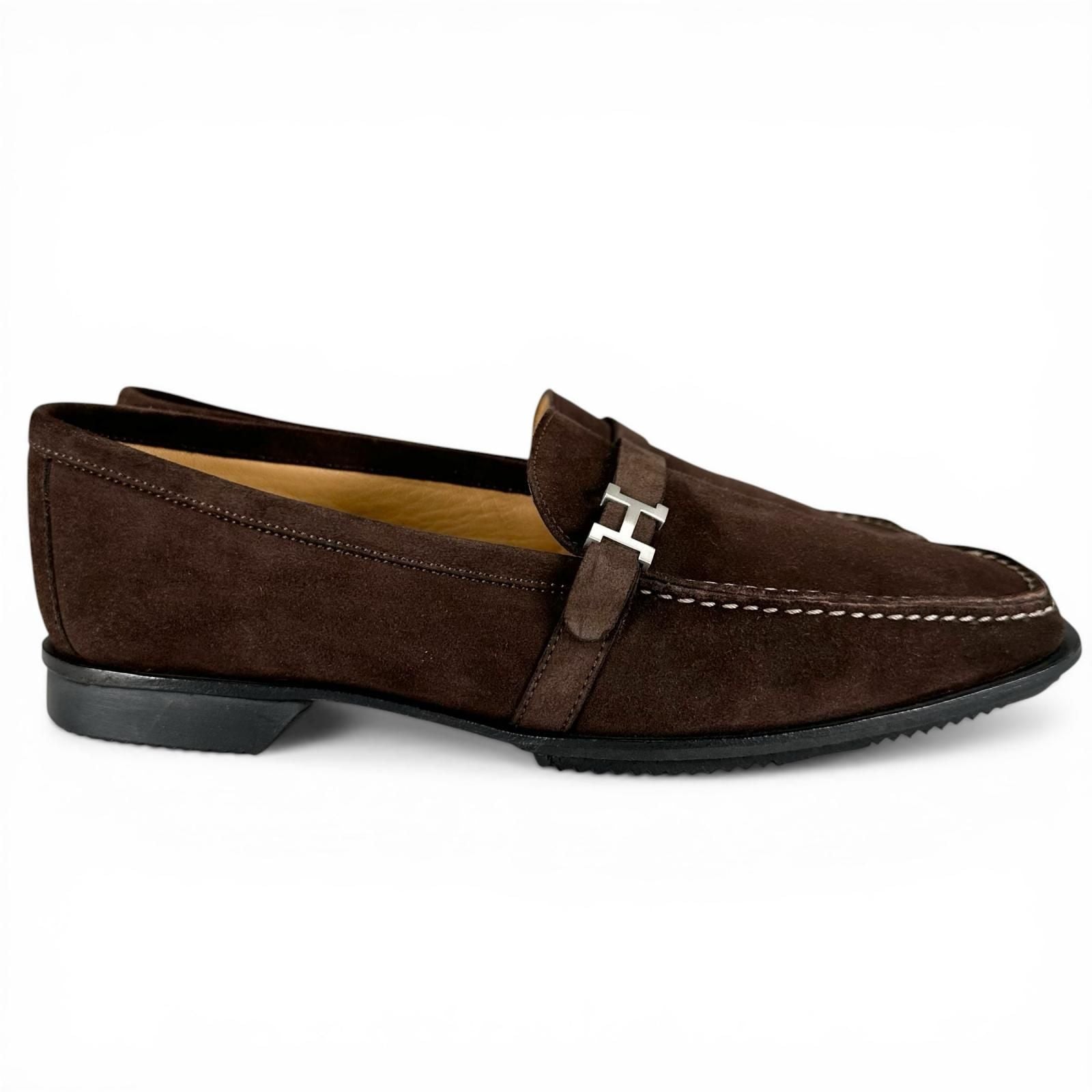 Hermes Silver Logo Swe Leather Loafers Brown — view 4