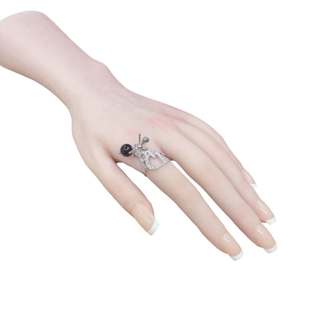 Dior Rhinestone Ribbon Motif Ring Silver