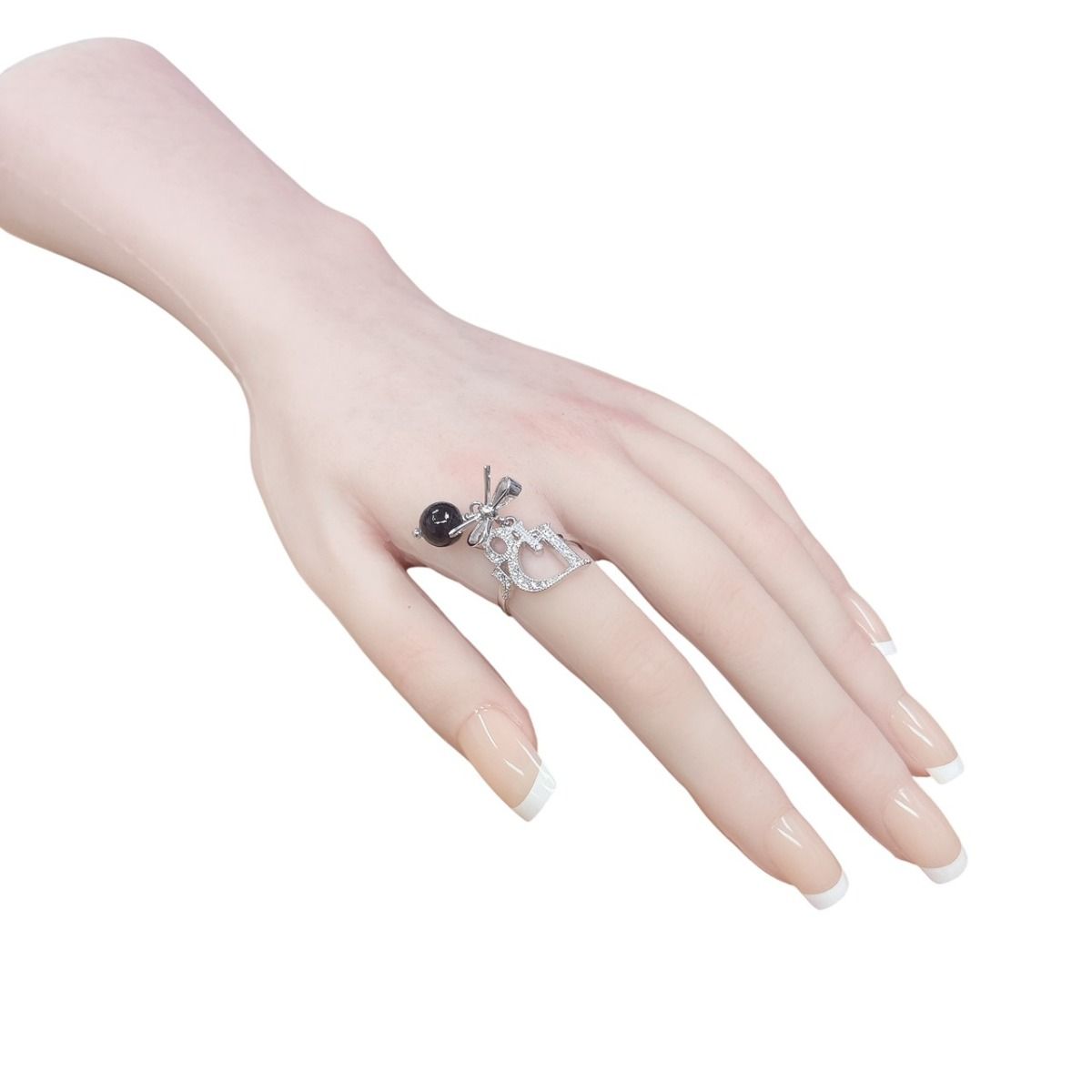 Dior Rhinestone Ribbon Motif Ring Silver