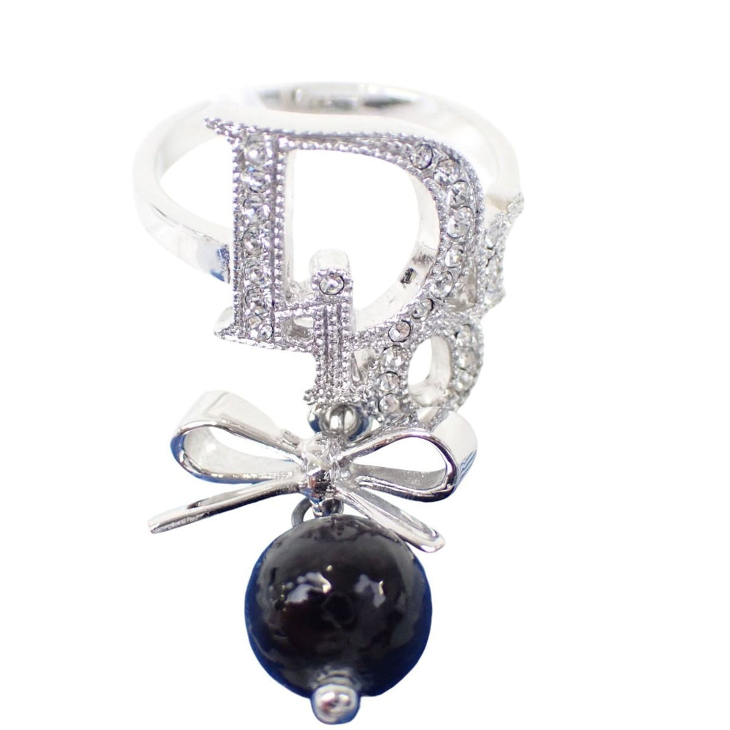 Dior Rhinestone Ribbon Motif Ring Silver