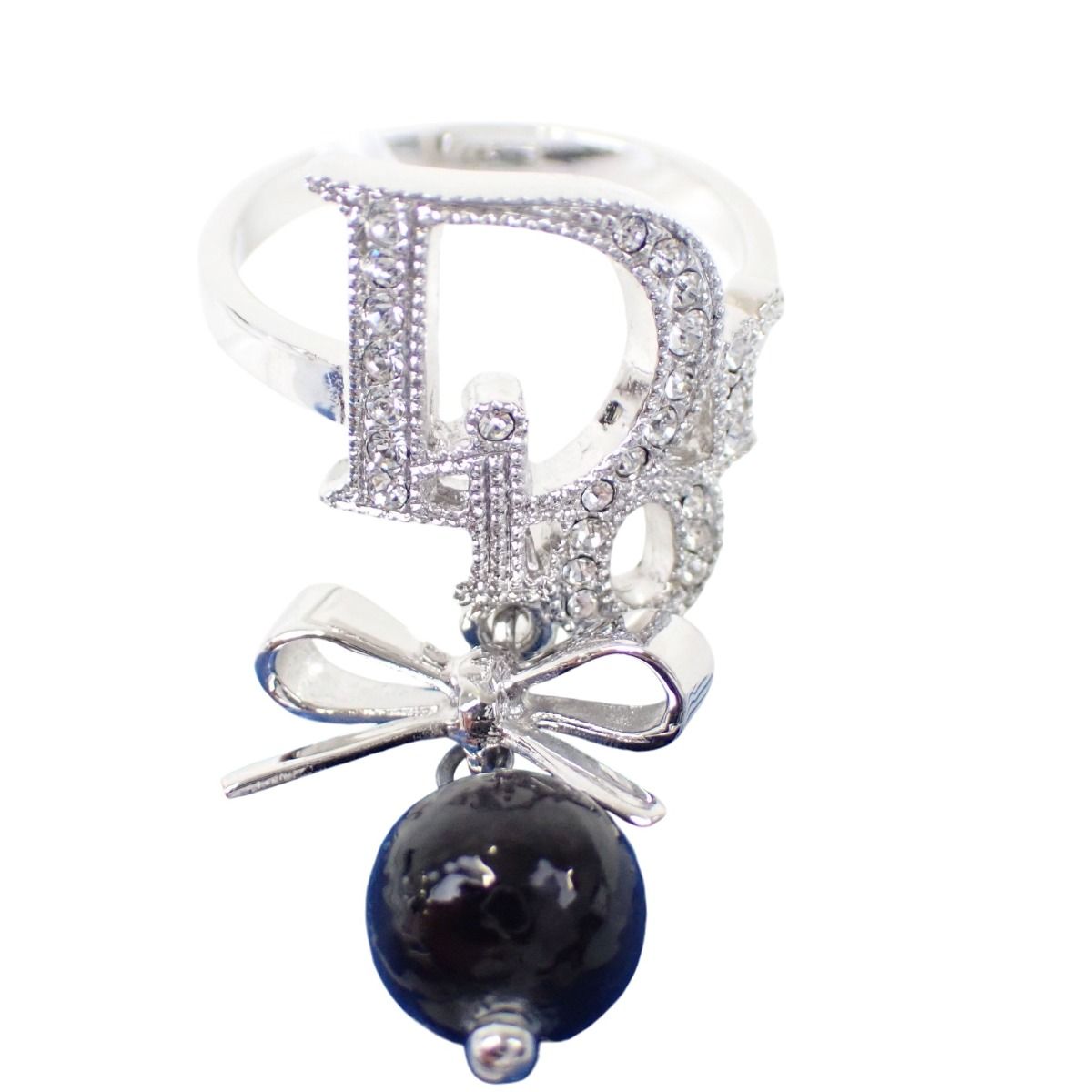 Dior Rhinestone Ribbon Motif Ring Silver