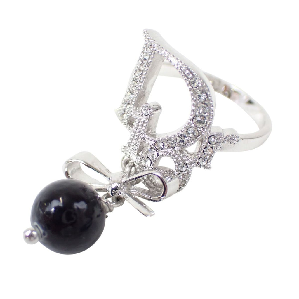 Dior Rhinestone Ribbon Motif Ring Silver