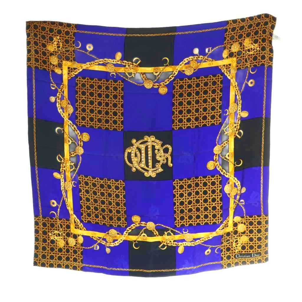 Dior Scarf Silk All Over Pattern Blue Navy Yellow