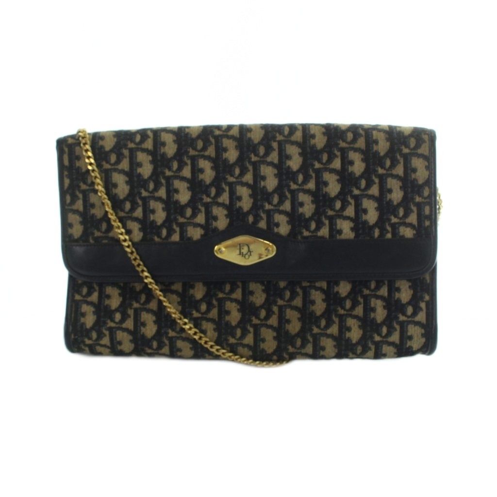 Dior Vintage Trotter Chain Shoulder Bag Gold Canvas Leather Navy Beige