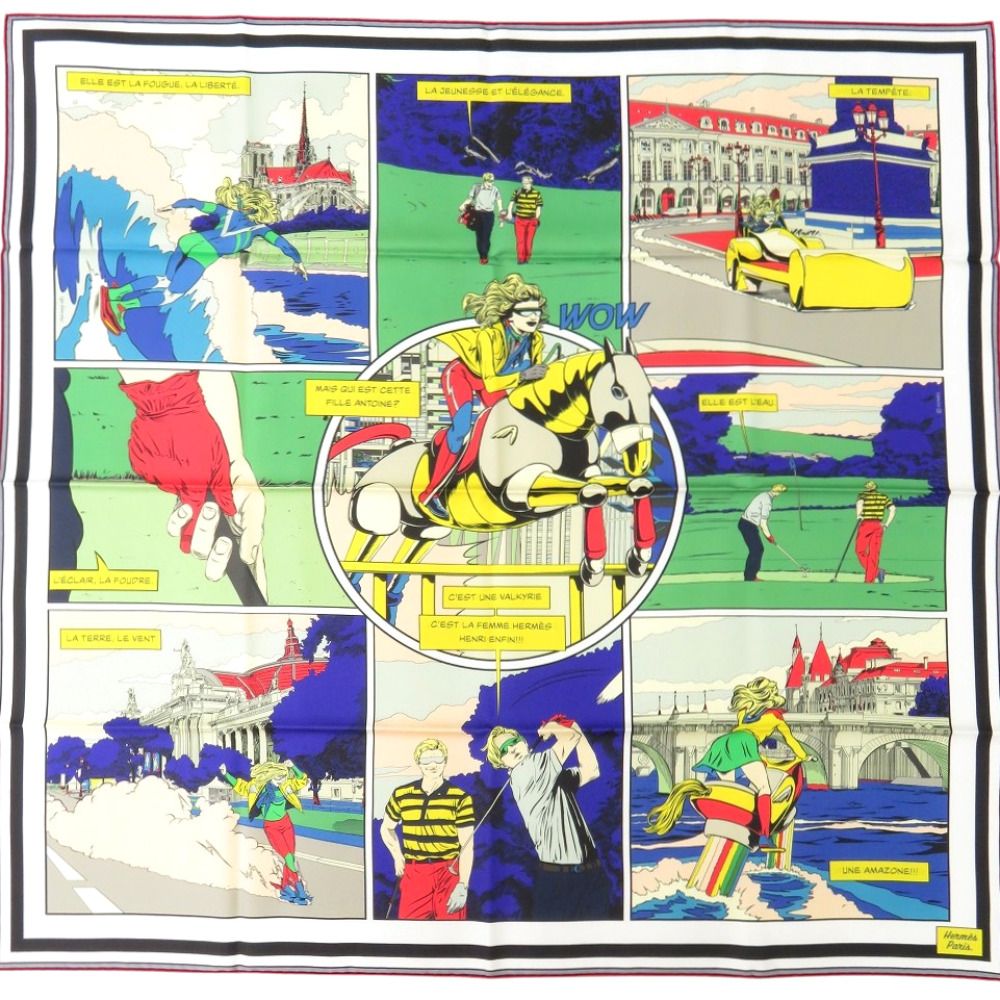 Hermes Carre 90 Double Face Wow 04 Silk Blue Jean Scarf
