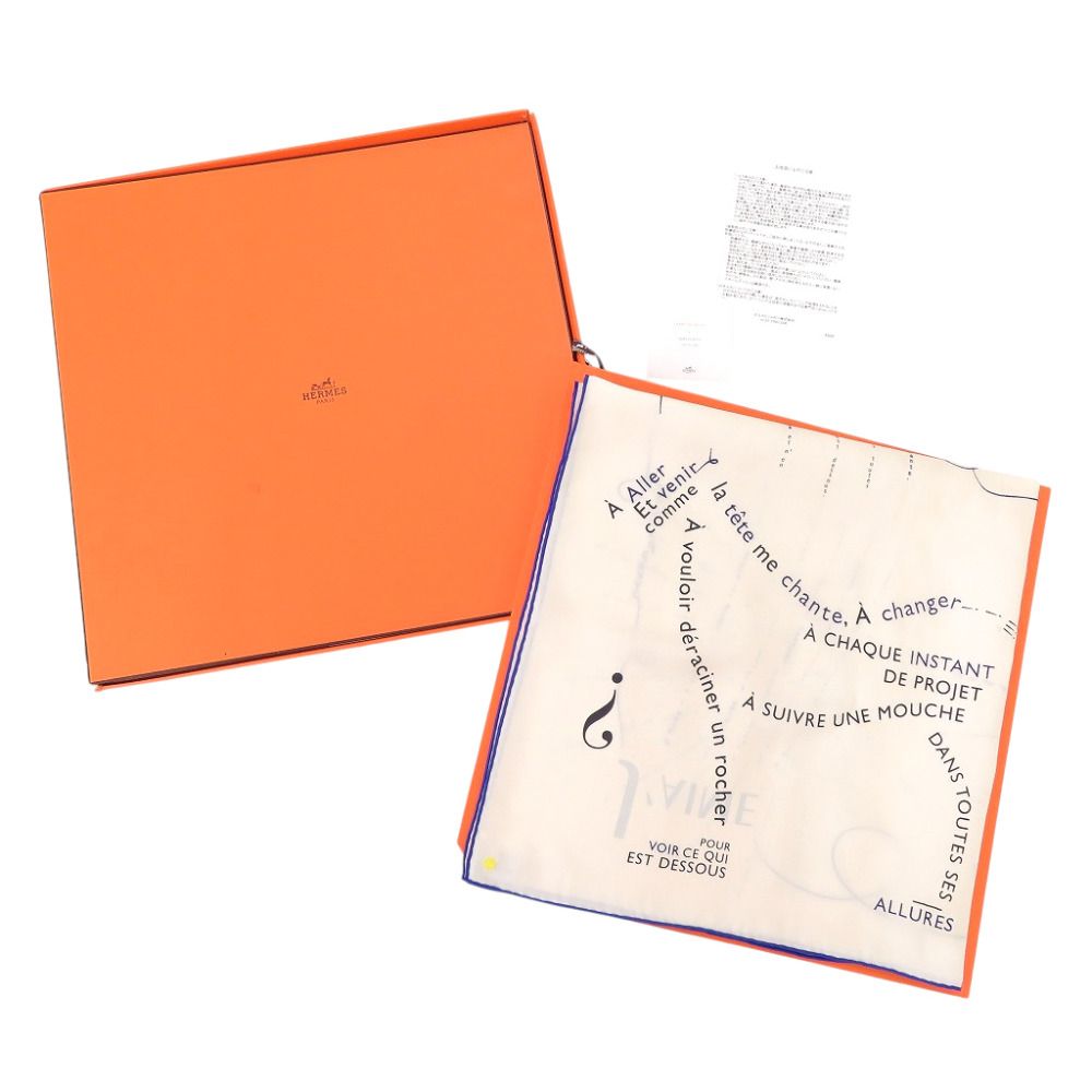 Hermes Embroidery Carre 90 de Notes Carre's Words Silk Ivory Blue Scarf — view 2