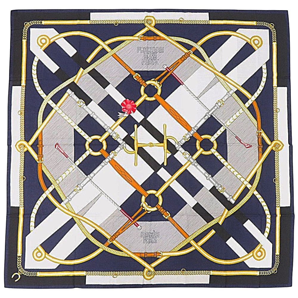 Hermes Carre 140 Parcours Sans Faute Perfect Course Cashmere Silk Marine Scarf