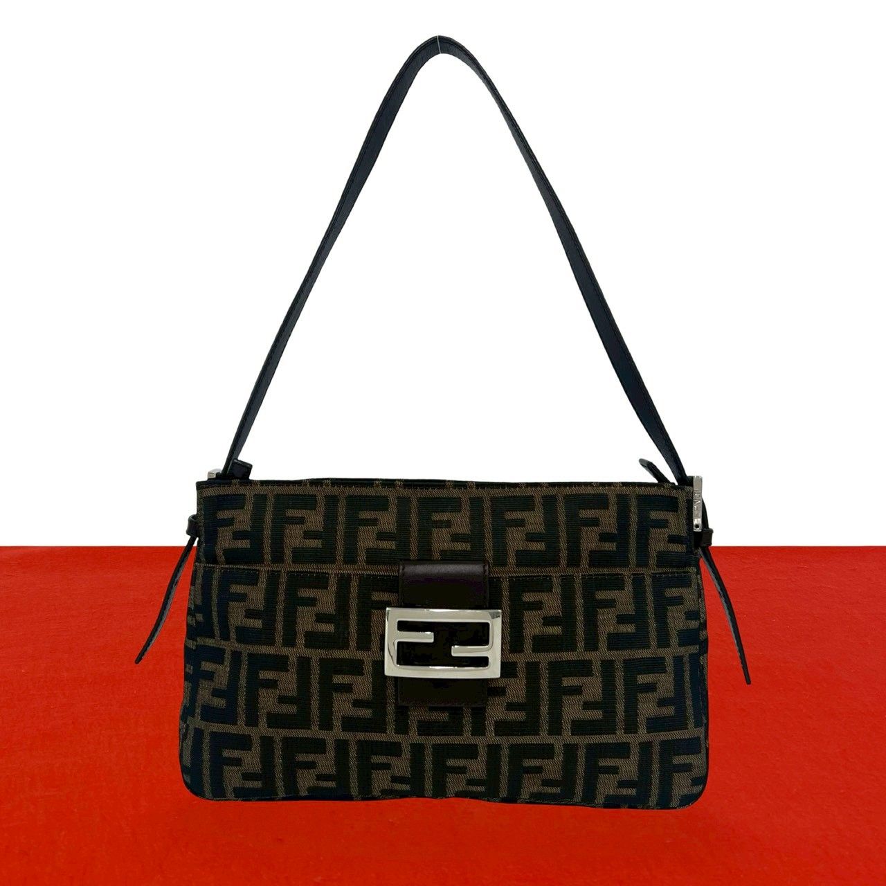 Fendi Vintage Zucca FF Pattern Canvas Leather Shoulder Bag Brown