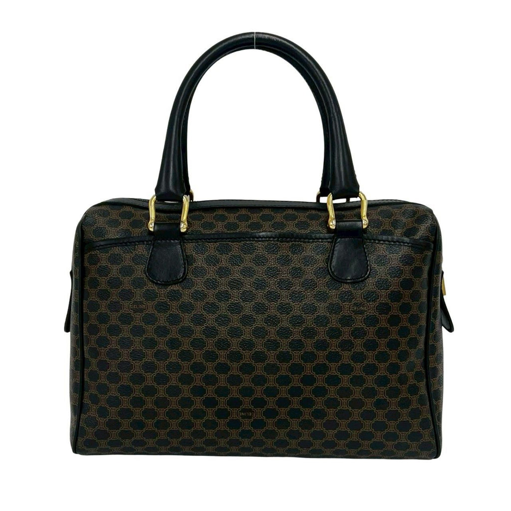 Celine Vintage Macadam Blason Pattern Leather Boston Bag Brown Black — view 3