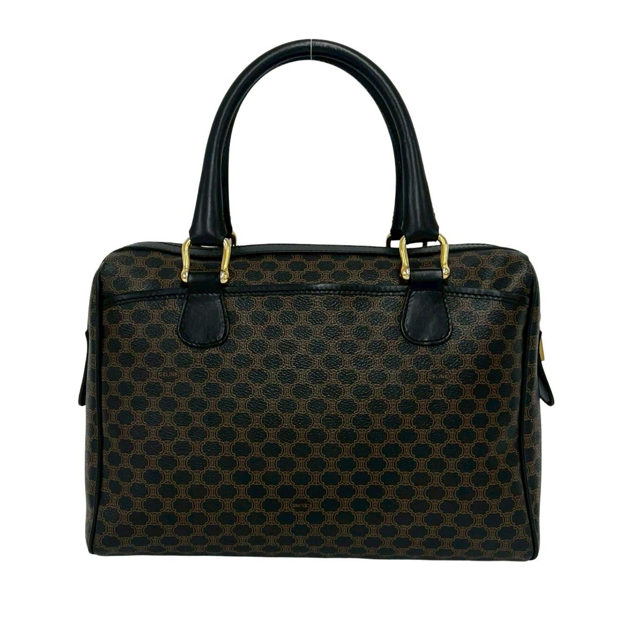 Celine Vintage Macadam Blason Pattern Leather Boston Bag Brown Black — view 3