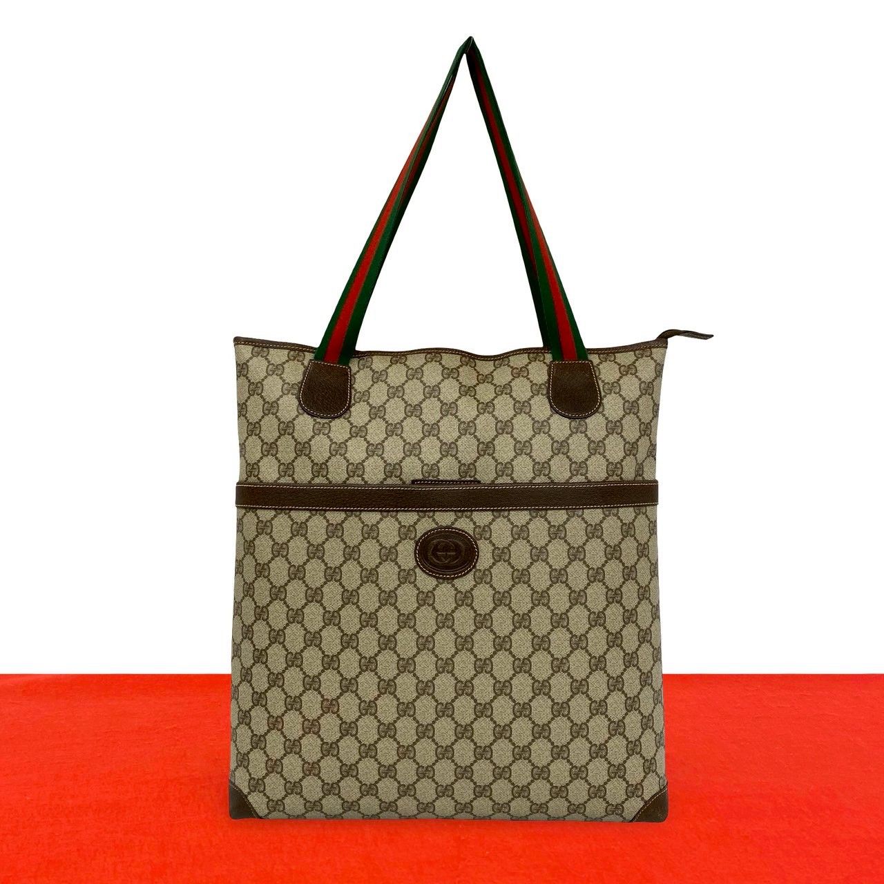 Gucci Vintage Sherry Line GG Logo Leather Tote Brown