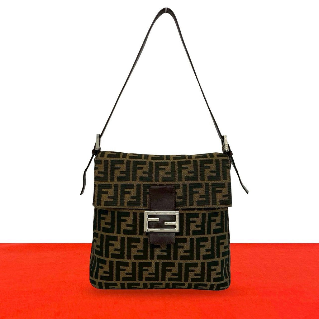 Fendi Vintage Zucca FF Pattern Canvas Leather Shoulder Bag Brown Black