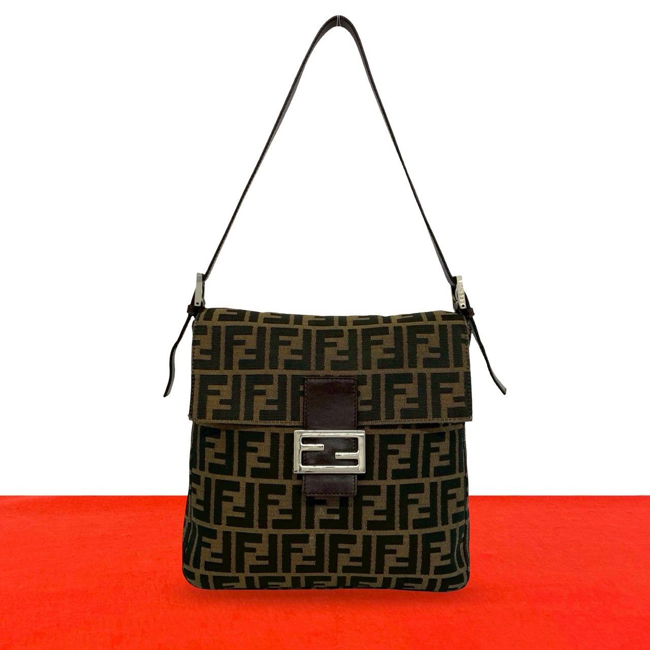 Fendi Vintage Zucca FF Pattern Canvas Leather Shoulder Bag Brown Black