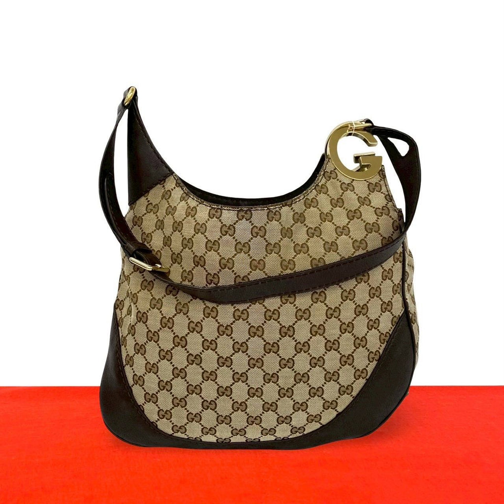 Gucci Shallot Logo GG Canvas Leather Shoulder Bag Crossbody Beige Brown