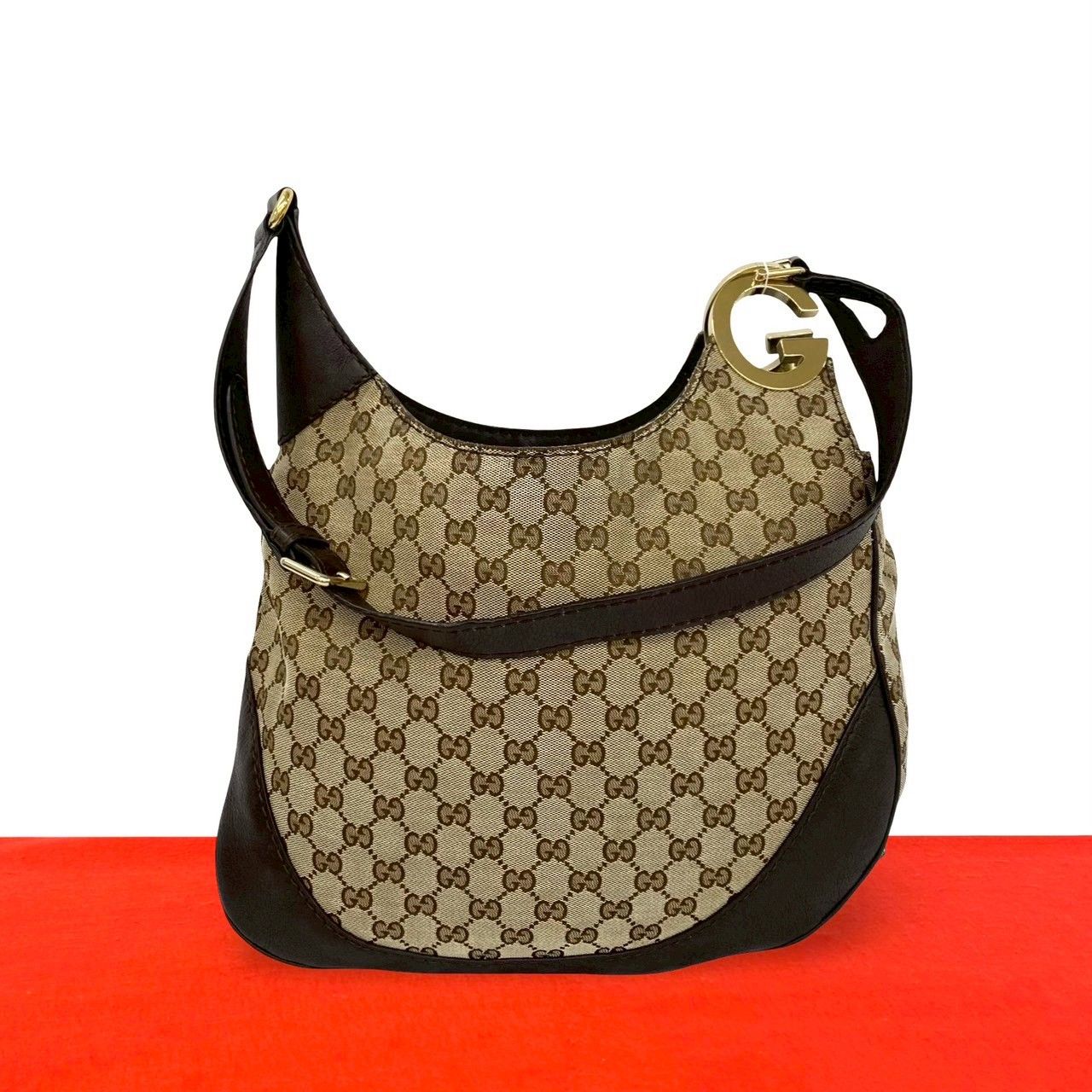 Gucci Shallot Logo GG Canvas Leather Shoulder Bag Crossbody Beige Brown