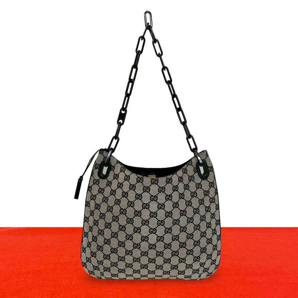 Gucci Vintage GG Canvas Pattern Leather Chain Shoulder Bag Black