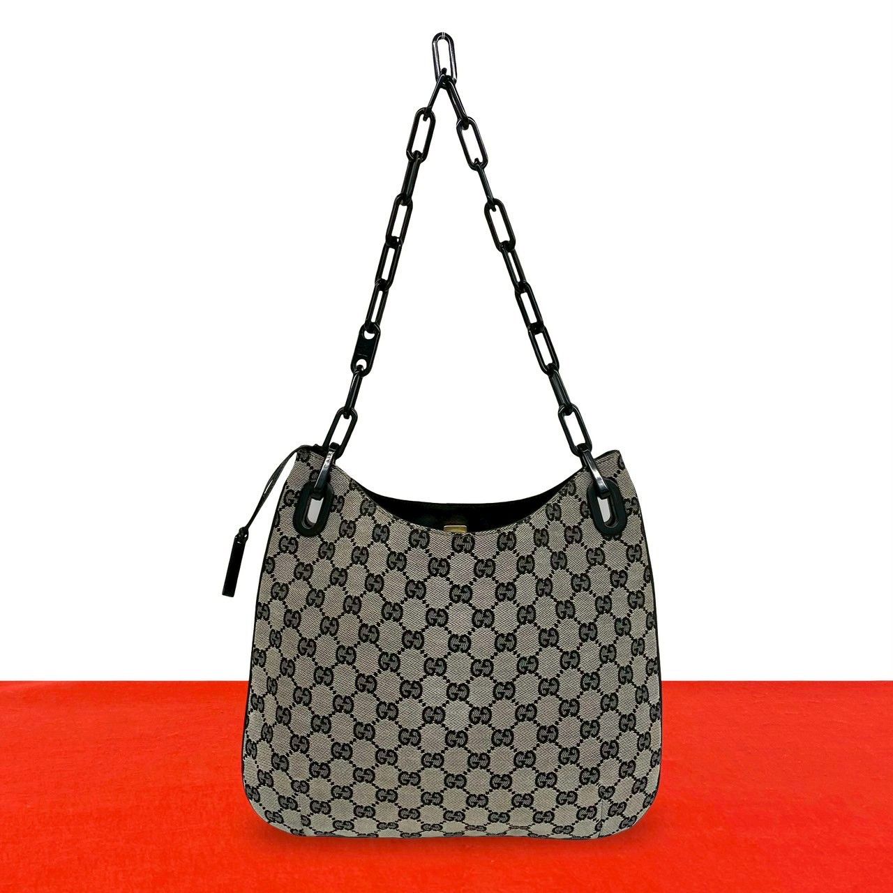 Gucci Vintage GG Canvas Pattern Leather Chain Shoulder Bag Black