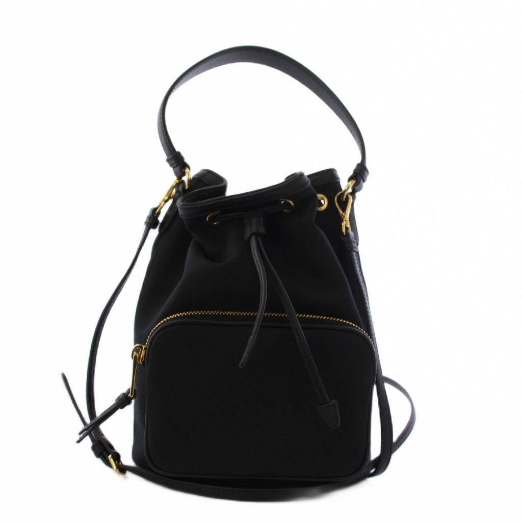 Prada Logo Jacquard Bucket Bag Drawstring 2-Way Canvas Black