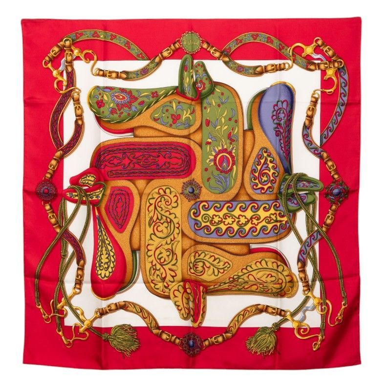 Hermes Carre 90 Festival Scarf Large Format Red Multicolor Silk