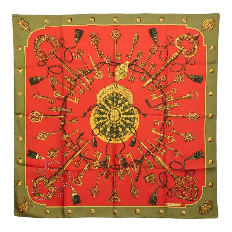 Hermes Carre 90 le Cles Key Pattern Scarf Large Green Red Silk
