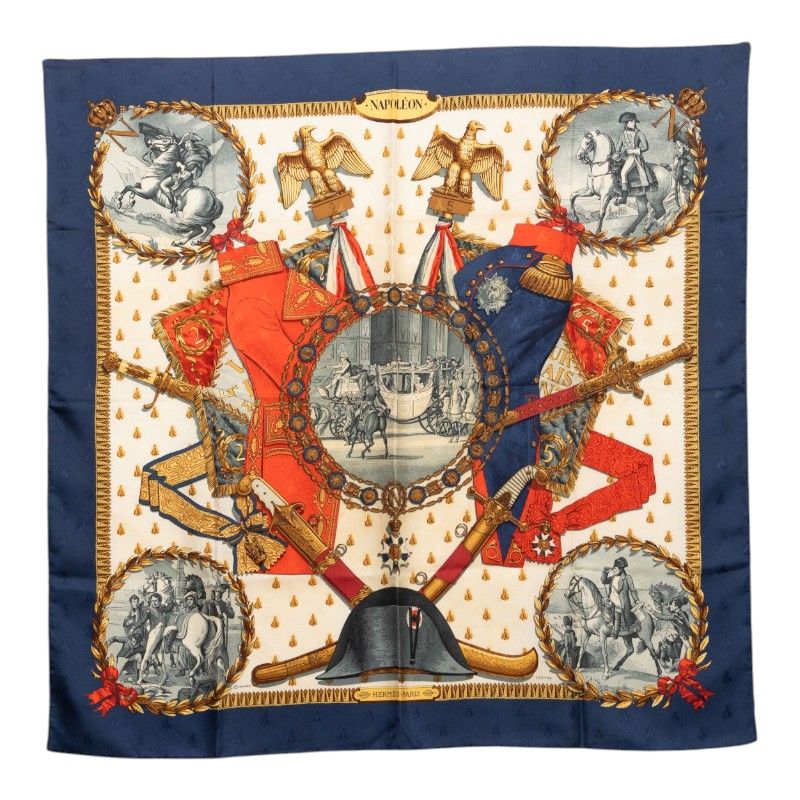 Hermes Carre 90 Napoleon Scarf Blue Red White Silk