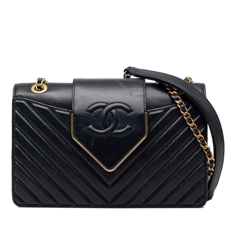 Chanel Chez Blanc Stitch CC Logo Chain Shoulder Bag Navy Gold Leather