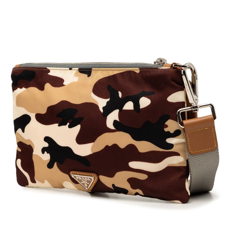 Prada Camouflage Clutch Pouch Brown Beige Black Nylon Leather — view 2