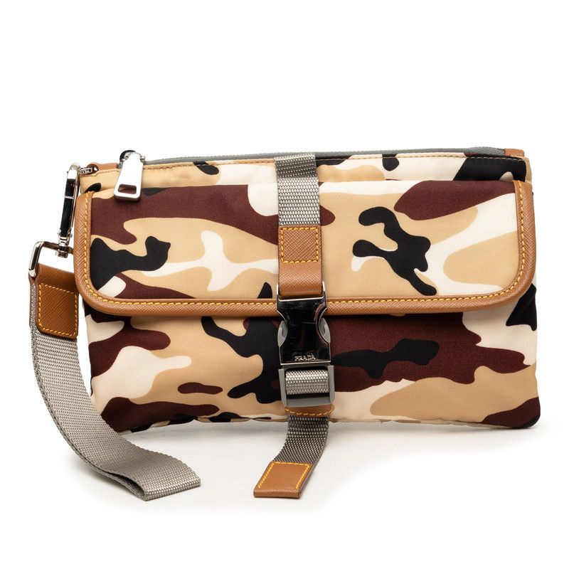 Prada Camouflage Clutch Pouch Brown Beige Black Nylon Leather