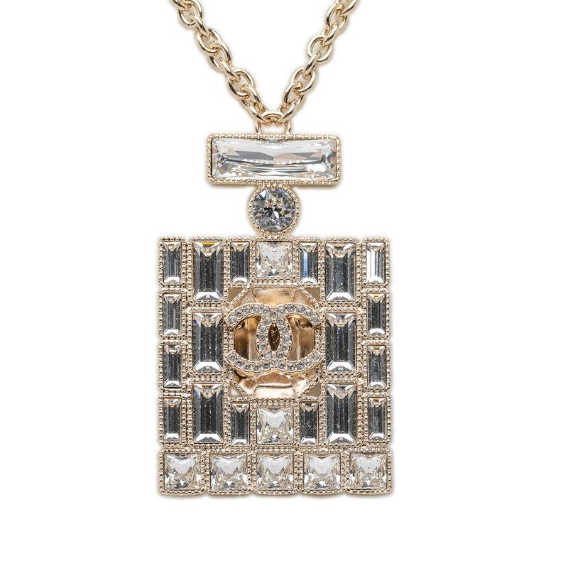 Chanel CC Logo Perfume Bottle Chain Pendant 24 Gold Plated Rhinestone