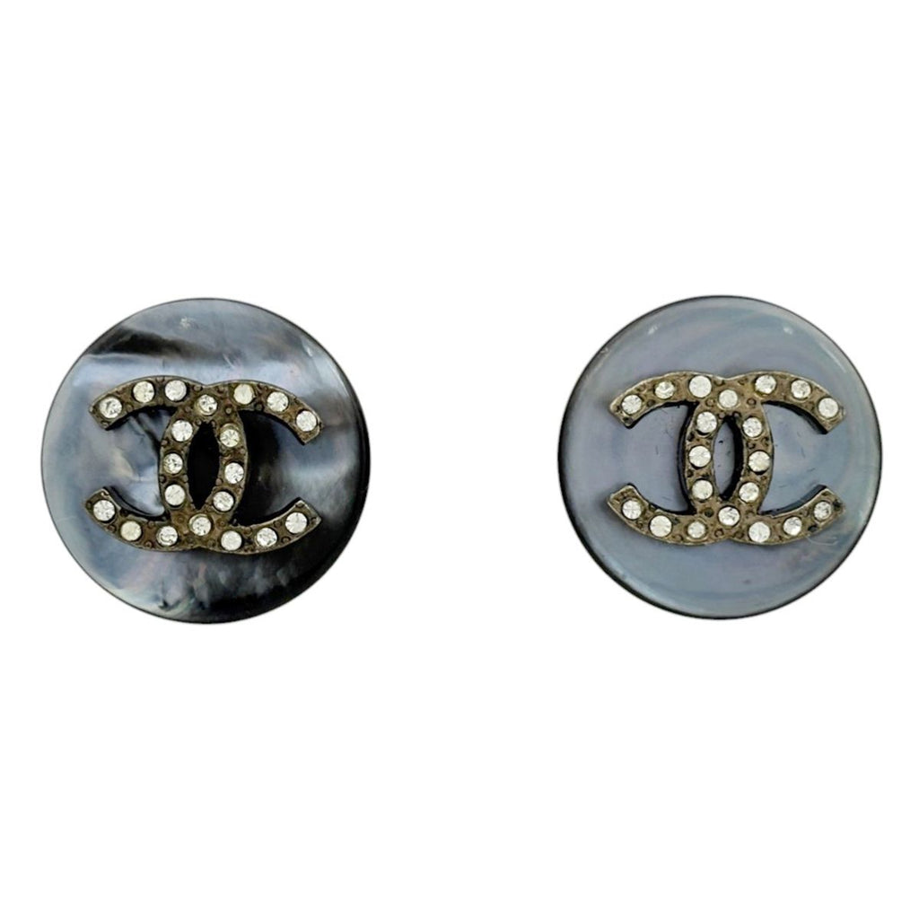 Chanel CC Logo Earrings Round Metal Rhinestone Gray Silver
