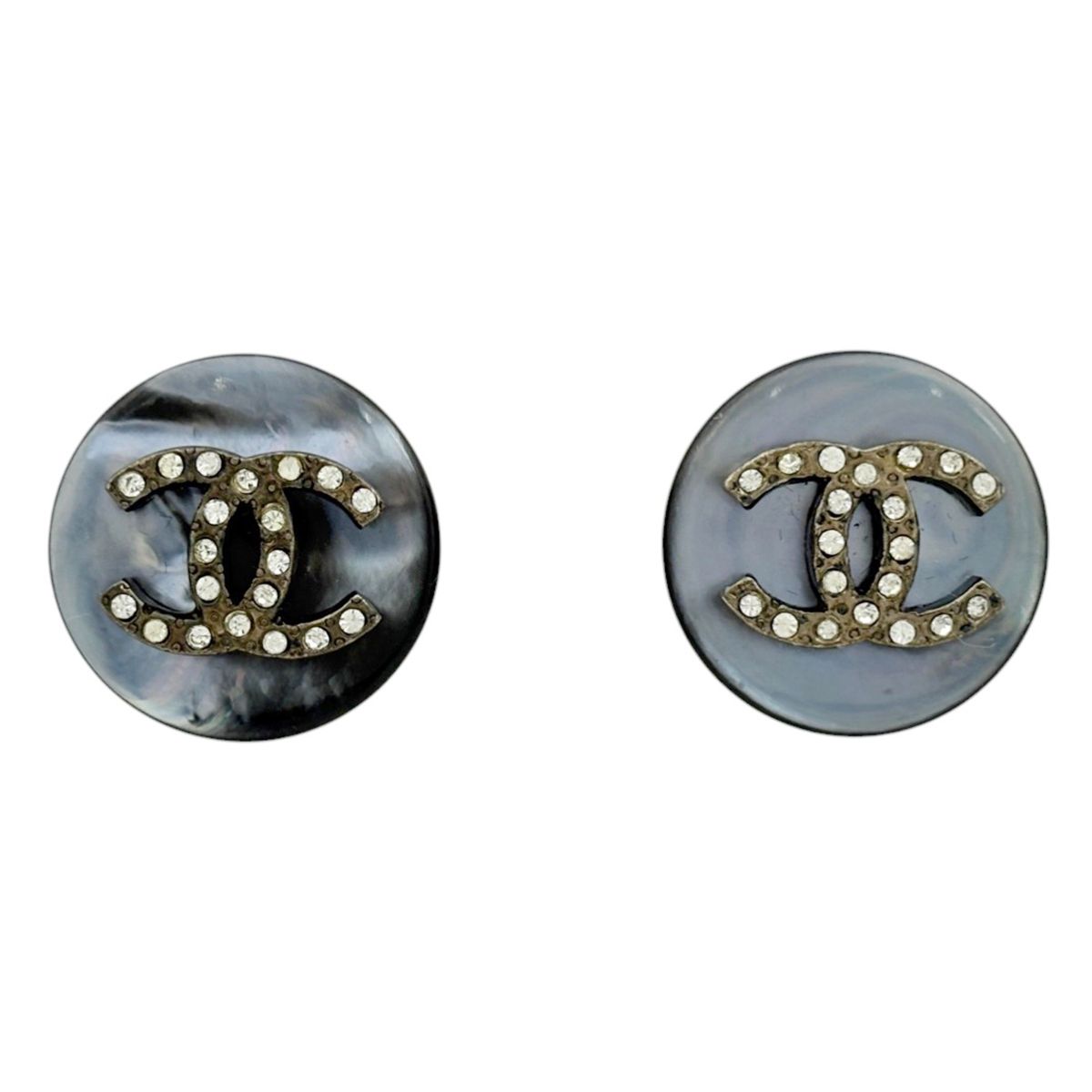Chanel CC Logo Earrings Round Metal Rhinestone Gray Silver