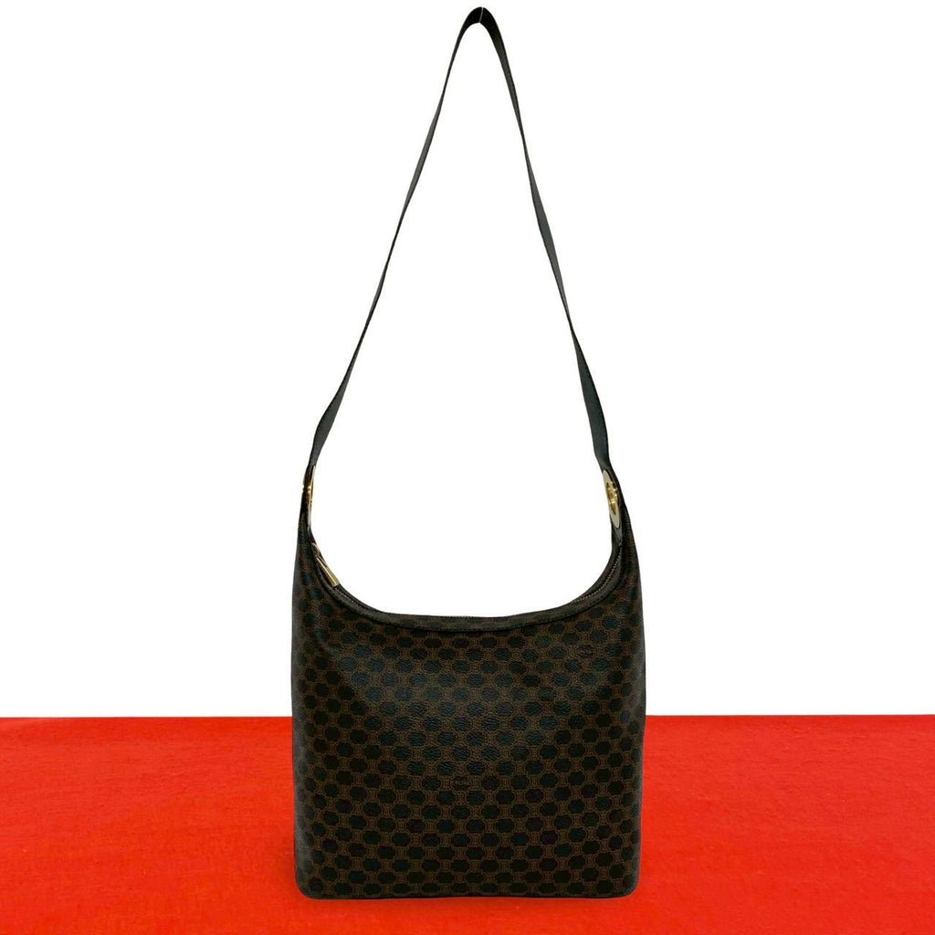 Celine Macadam Blason Pattern Logo Ring Leather Shoulder Bag Brown Black