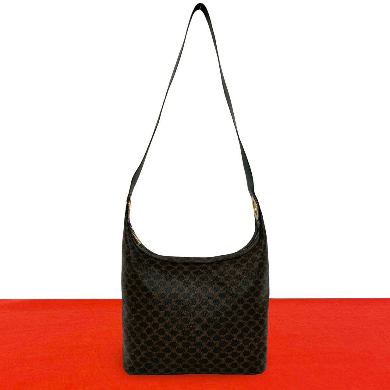 Celine Macadam Blason Pattern Logo Ring Leather Shoulder Bag Brown Black