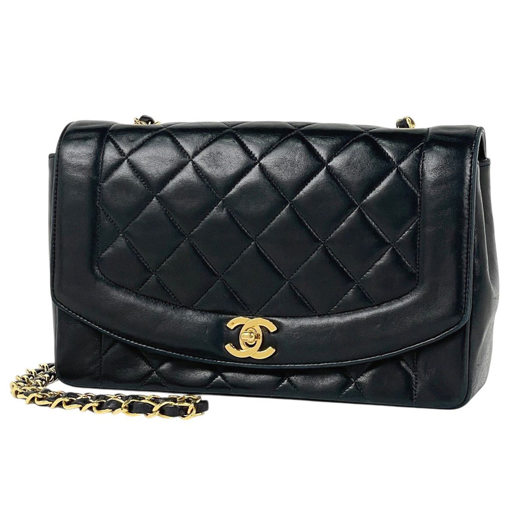 Chanel Diana Quilted Single Flap Chain Shoulder Bag CC Logo Leather Black