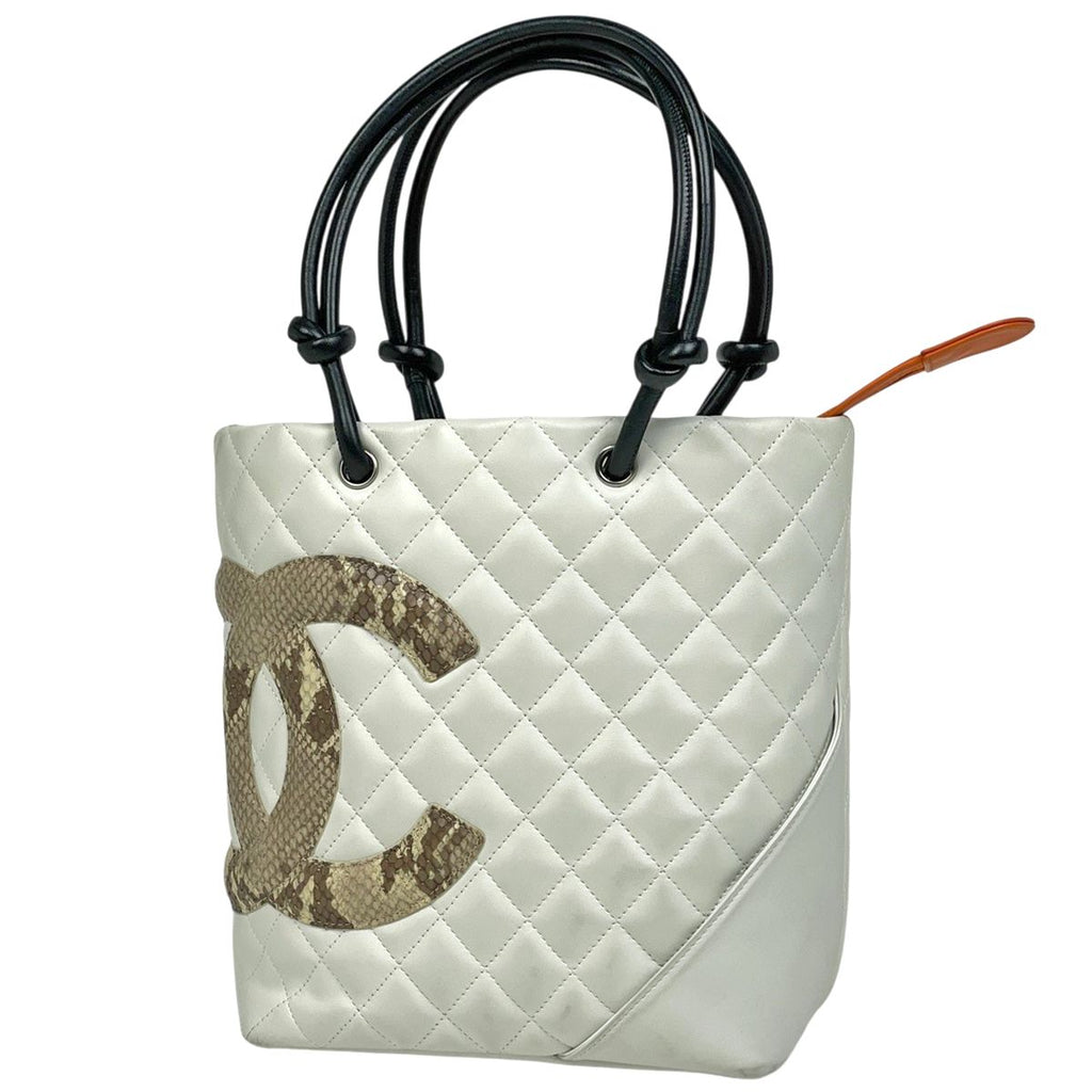Chanel Cambon Line Tote CC Logo Handbag Leather White