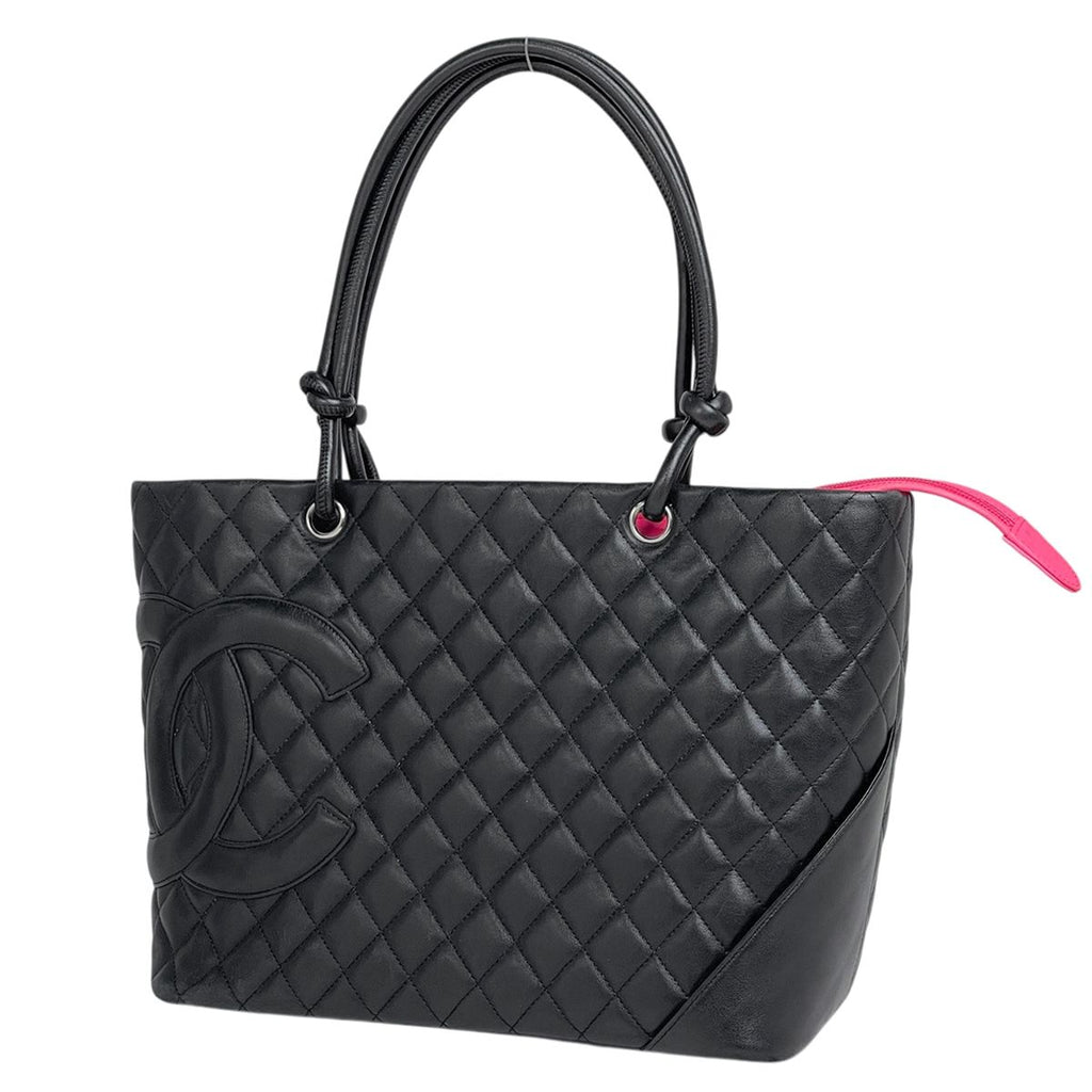 Chanel Cambon Line Large Tote CC Logo Shoulder Bag Leather Black