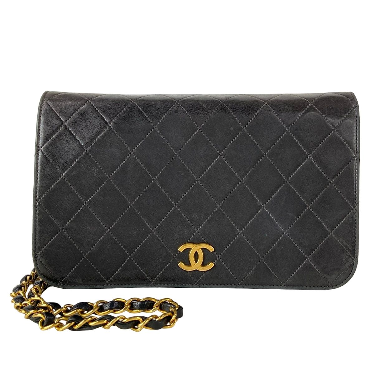 Chanel Shoulder Bag Single Flap Quilted Black Gold Chain Full Push Lock Lambskin