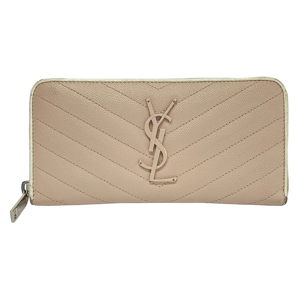 Saint Laurent Paris Wallet Monogram Full Zip Pink Beige Zip Around Leather