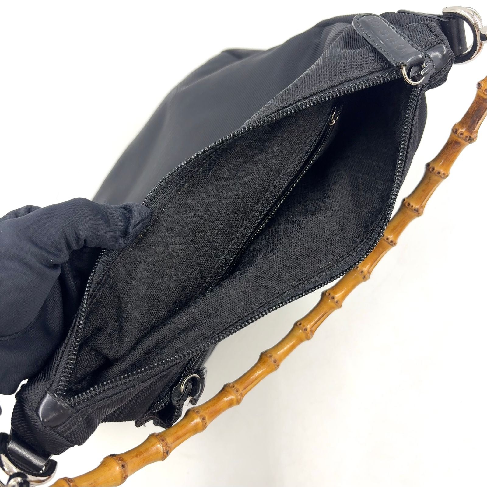 Gucci Bamboo Leather Canvas Black Handbag Silver — view 9