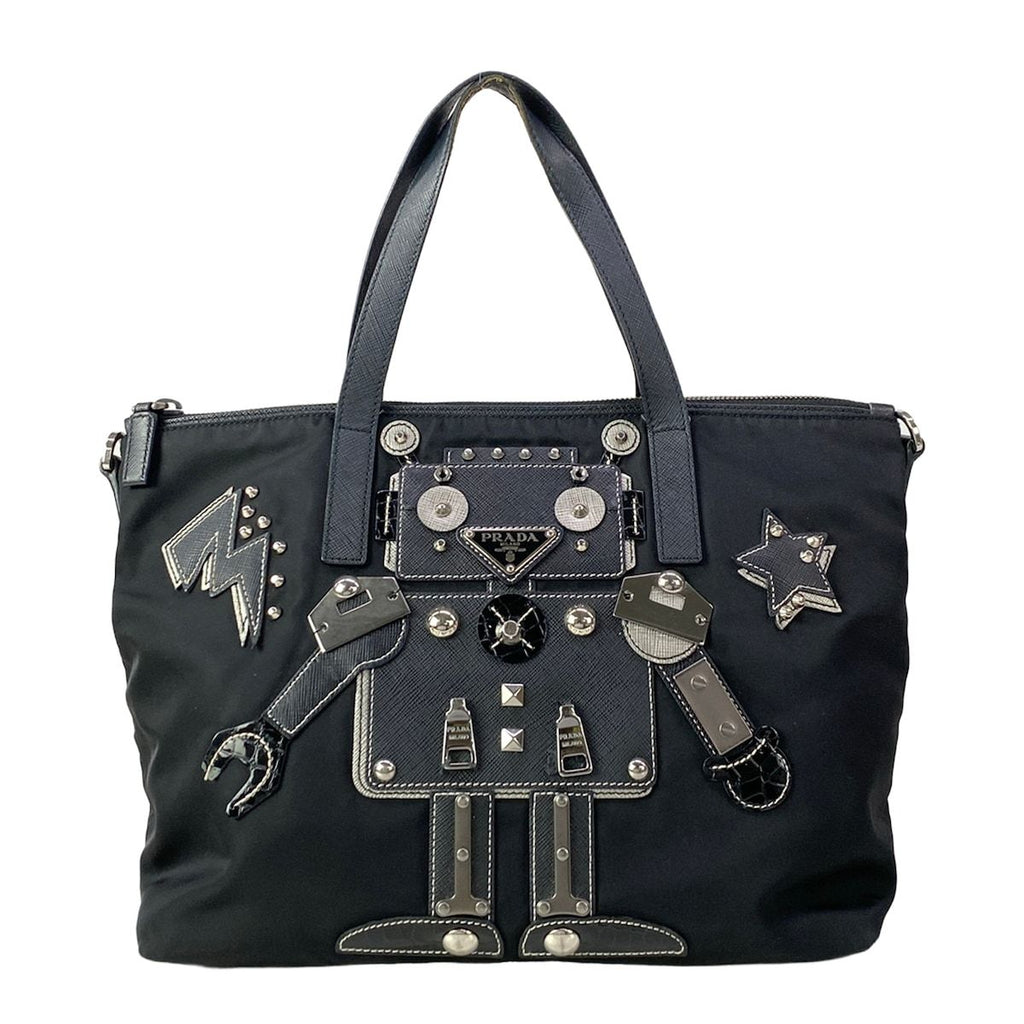 Prada Handbag Black Silver Studded Robot Leather