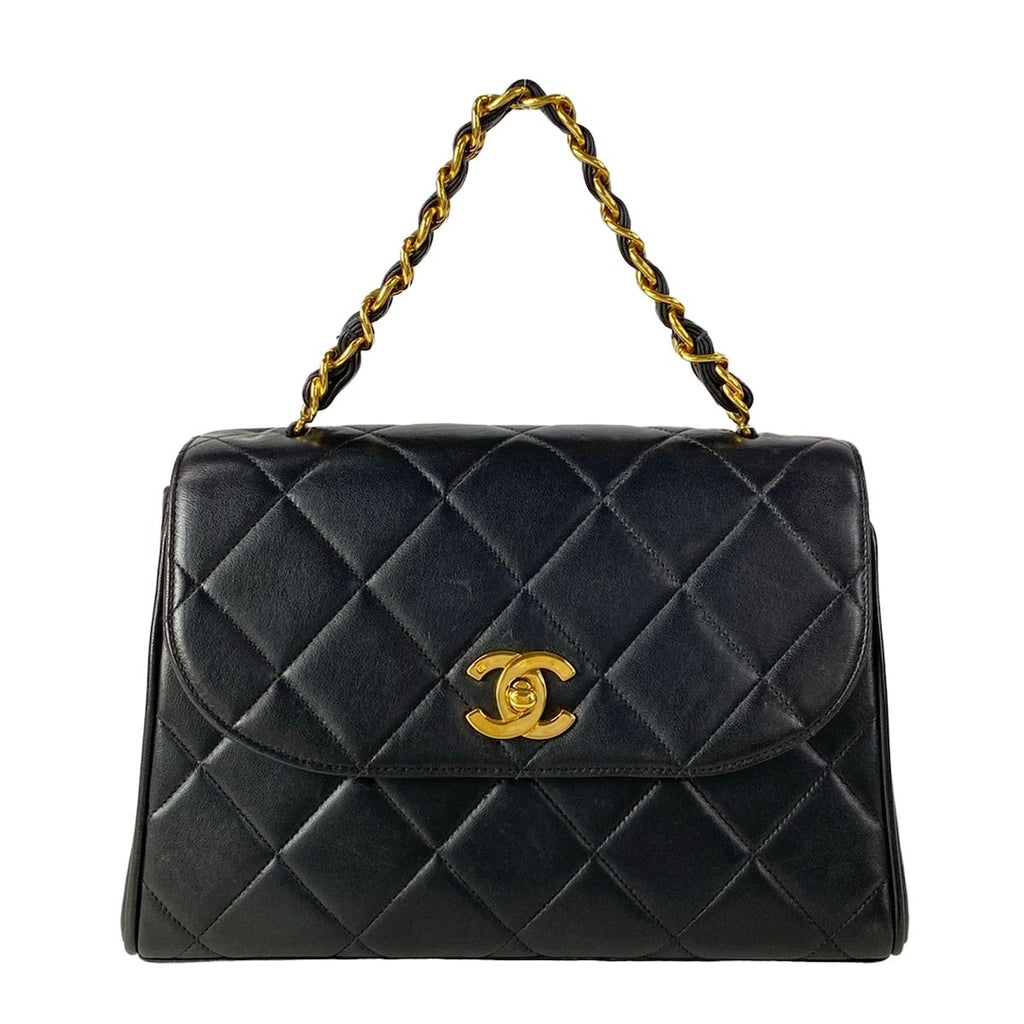 Chanel Handbag Trapezoid Bag Quilted Black Gold Flap Bag Chain Handle Lambskin