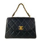 Chanel Handbag Trapezoid Bag Quilted Black Gold Flap Bag Chain Handle Lambskin