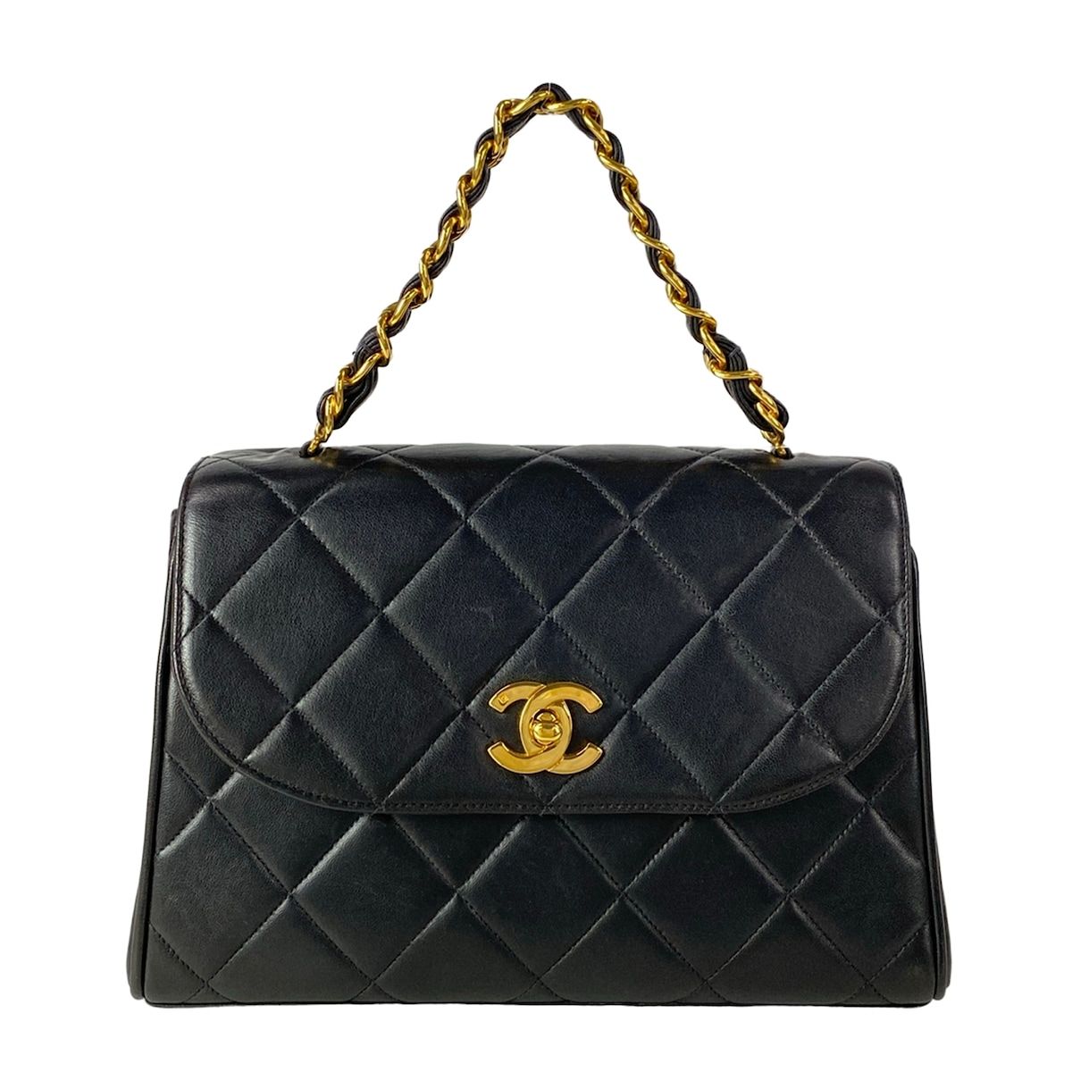 Chanel Handbag Trapezoid Bag Quilted Black Gold Flap Bag Chain Handle Lambskin