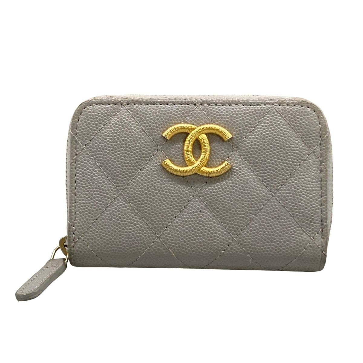 Chanel Coin Case Quilted Light Gray Gold Zip Around