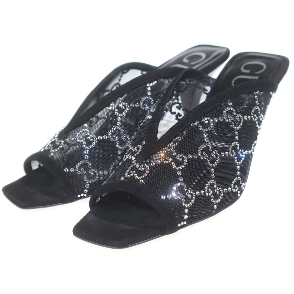 Gucci GG 90 Bijou Trim Pin Heels Mesh Sandals Crystal Black — view 2