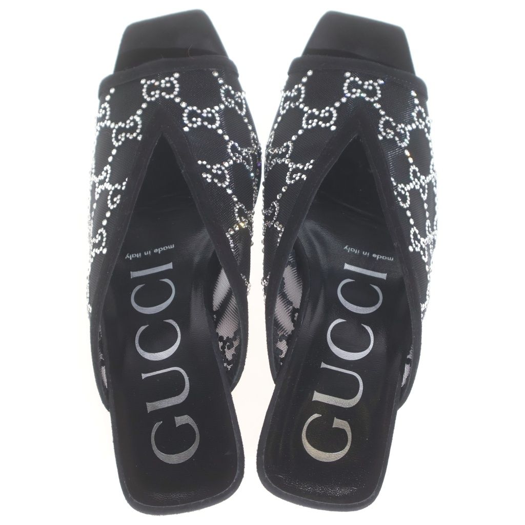 Gucci GG 90 Bijou Trim Pin Heels Mesh Sandals Crystal Black — view 4