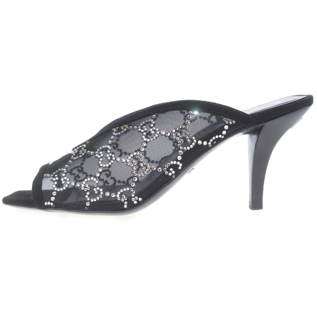 Gucci GG 90 Bijou Trim Pin Heels Mesh Sandals Crystal Black