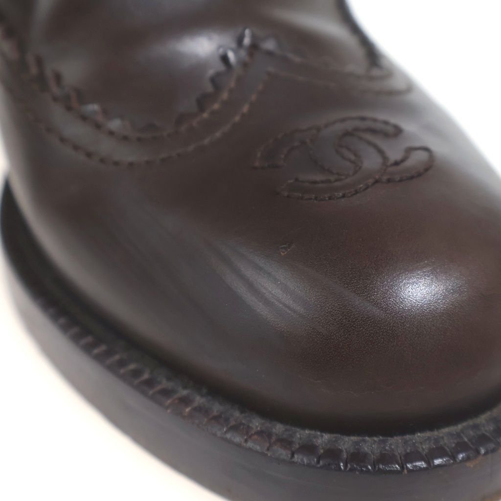 Chanel CC Logo Tweed Cut Replacement Leather Lace Up Zip Long Boots Shoes Brown — view 6