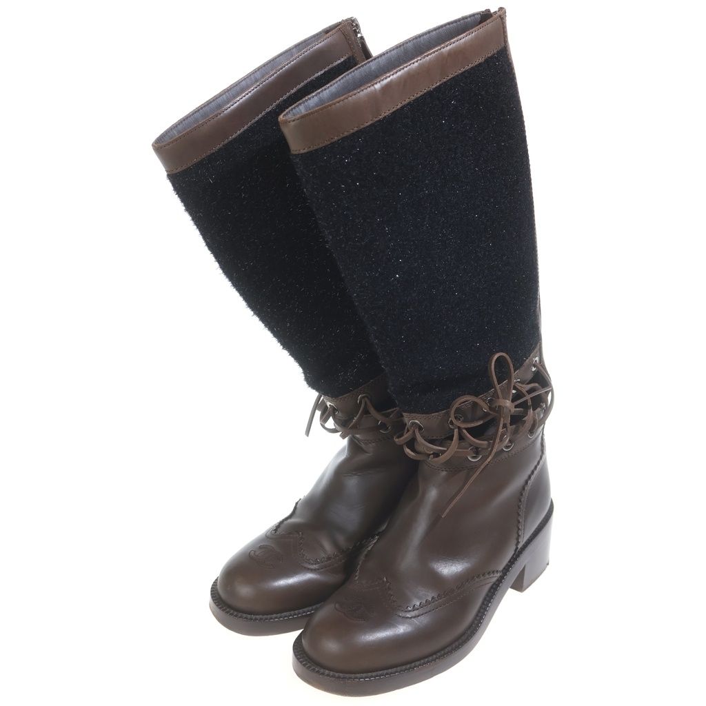 Chanel CC Logo Tweed Cut Replacement Leather Lace Up Zip Long Boots Shoes Brown — view 2